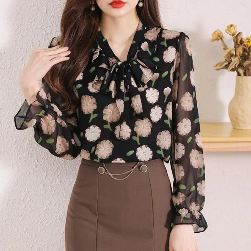 Spring Summer New Floral Printed Shirt Elegant V-Neck Drawstring Female Clothing Stylish Commute Loose Korean Long Sleeve Blouse