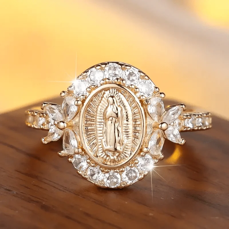 Elegante Anillo de la Virgen María en Color Dorado con Circonia Sintética - Perfecto para Vestimenta Casual y Ocasiones Especiales