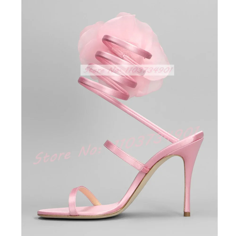 Pink Lace Flower Fairy Cross Strap Sandals Women Elegant Satin Round Toe Stiletto Shoes Ladies Luxury Fashion High Heels Sandals view 2