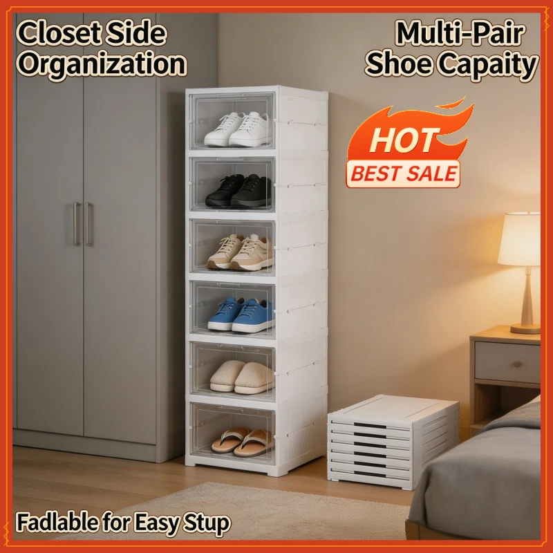 6 Layers Foldable Shoes Storage Box Transparent Sneaker Shoes Box Stackable Dustproof Cabinet Shoe Organizers Rack Shelf