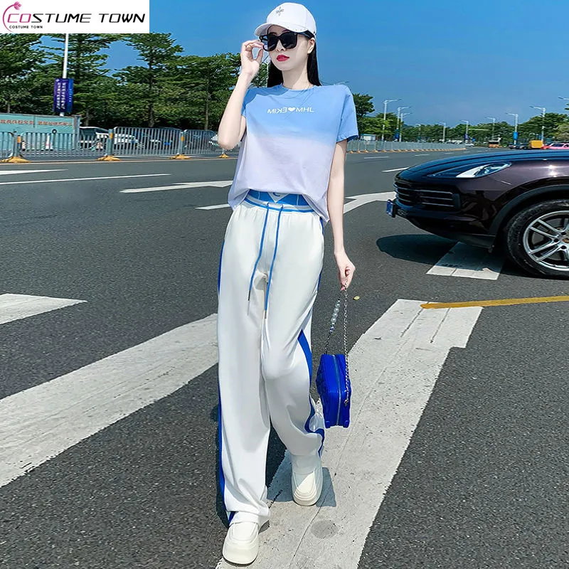 

Summer high-end fashion color blocked short sleeved T-shirt+high waist wide leg pants two-piece set for women