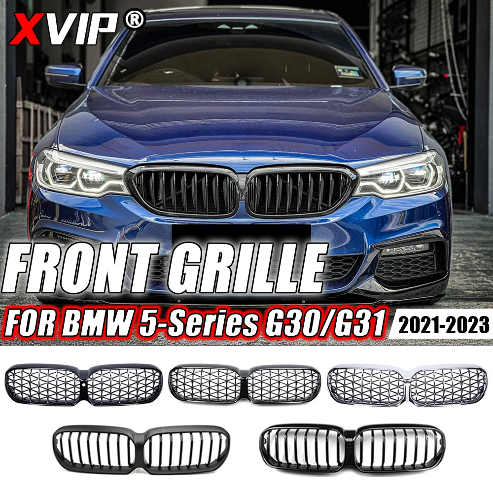

Решетки для переднего бампера XVIP с двойной линией для BMW 5-Series G30/G31 2021-2023 530i 540i, гоночные решетки с серебряными бриллиантами