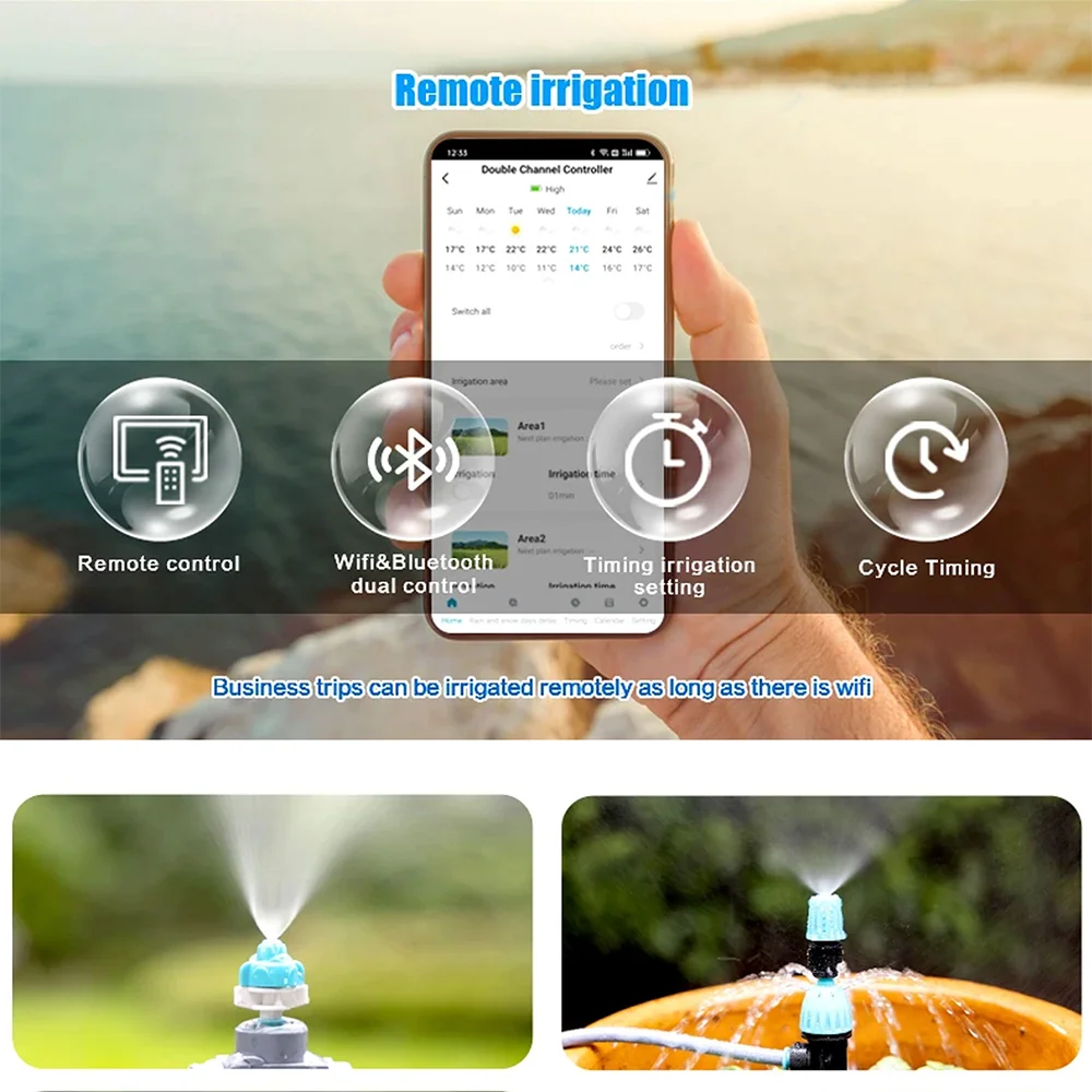 Nashone Tuya Wifi Smart Irrigation Watering system 2 Zone Rain Delay Smart Garden Watering Timer BT automatic irrigation timer