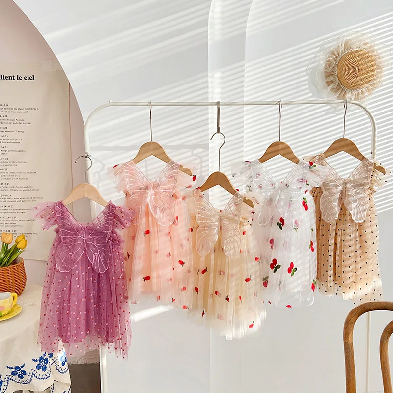 Flying Sleeve 3D Wing Girl's Dress Summer Polka Dot Baby Girl Mesh Dress Puffy Princess Dress