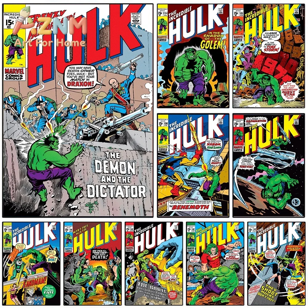 AZNM The Incredible Hulk The Demon And The Dictator Vintage Comic Collage Canvas Wall Art Unframed Print, Superhero Poster for