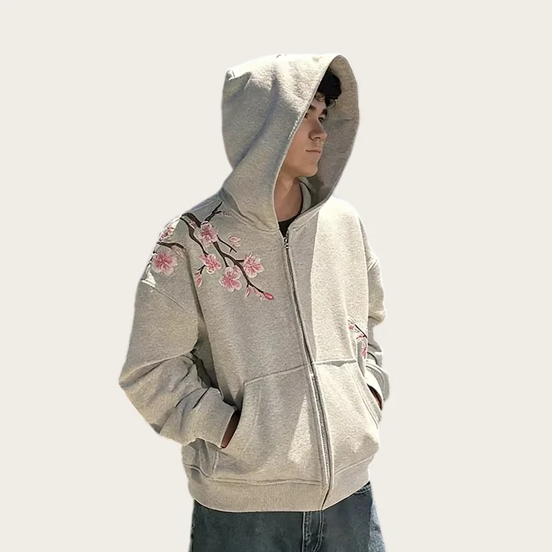 Kirschblüten-Stickerei Kapuzenpullover Lässiger Reißverschluss-Cardigan Jacke Locker Sitzender Retro-Künstlerischer Stil Frühling Neues Produkt Oberteil