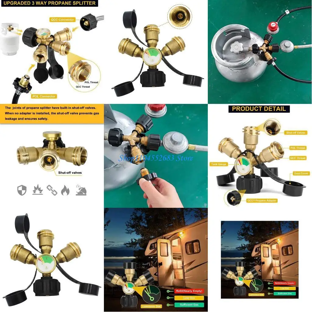 

Y6GD 3 Way Propane Splitters Brass Adapter With Shutoff Valves And Pressure Gauge