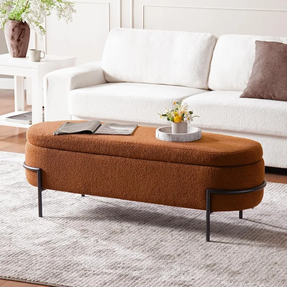 Plush Boucle Storage Ottoman with Gold Metal Legs | Lift-Top Entryway Bench & Bedroom Seat | Espresso Brown Upholstered Storage