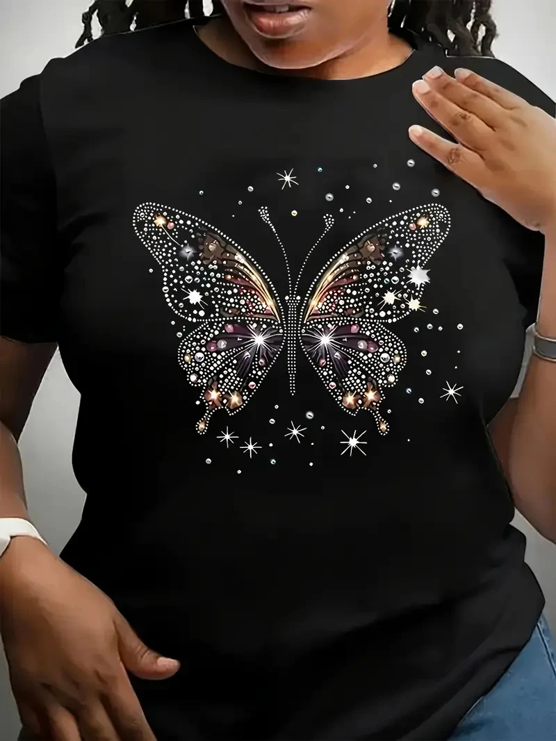 Plus Size – Damen-T-Shirt mit glitzerndem Schmetterlingsdruck, kurzärmelig, glitzerndes Grafik-T-Shirt mit Rundhalsausschnitt |   Bequeme Passform