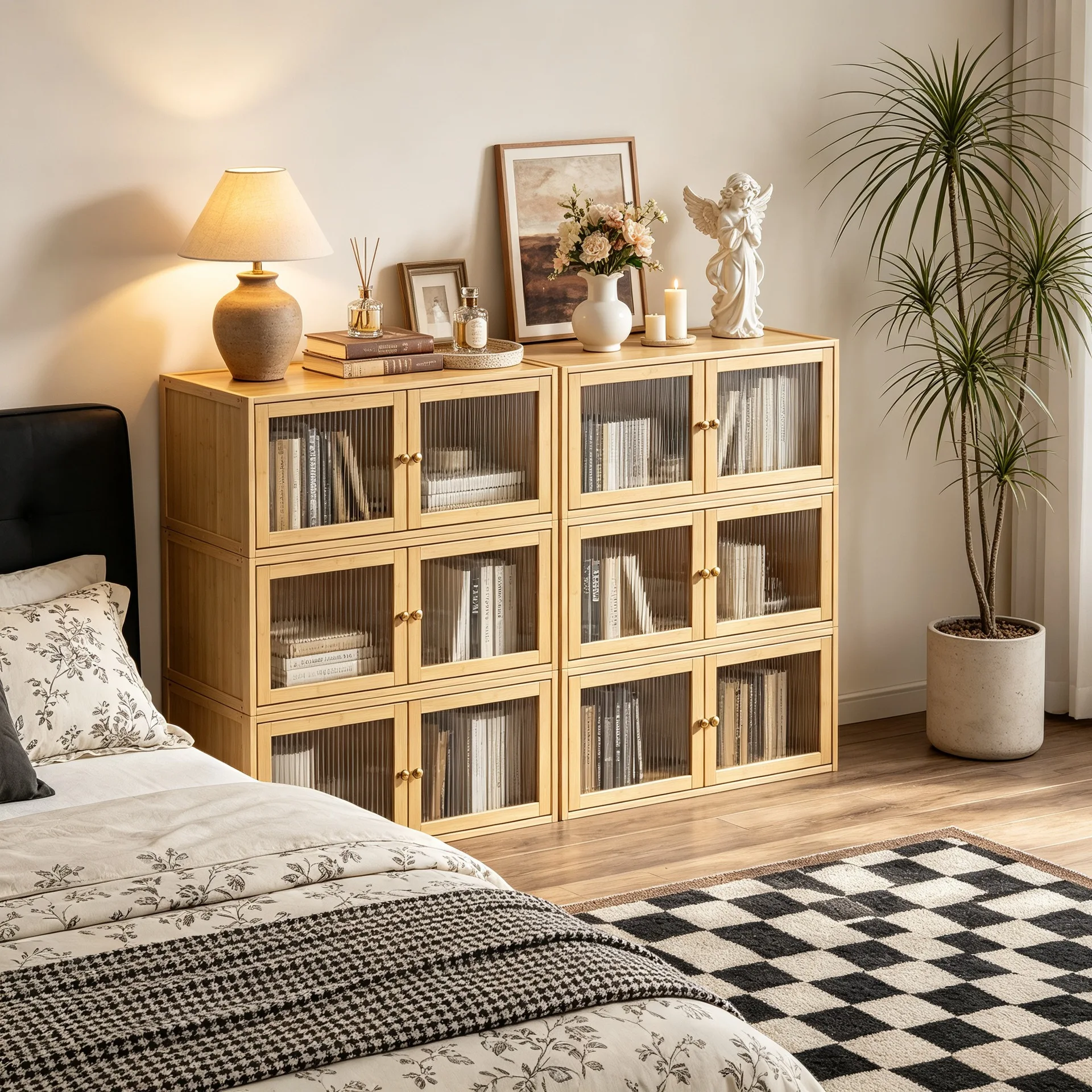 New retro style double door stacked cabinet, living room storage cabinet combination, bucket cabinet, side cabinet, bookshelf