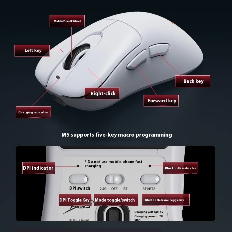 Lingbao M5 Maus Tri-Mode verkabelt/drahtlos/Bluetooth 12000 E-Sports Office leichte wiederauf ladbare Maus dpi