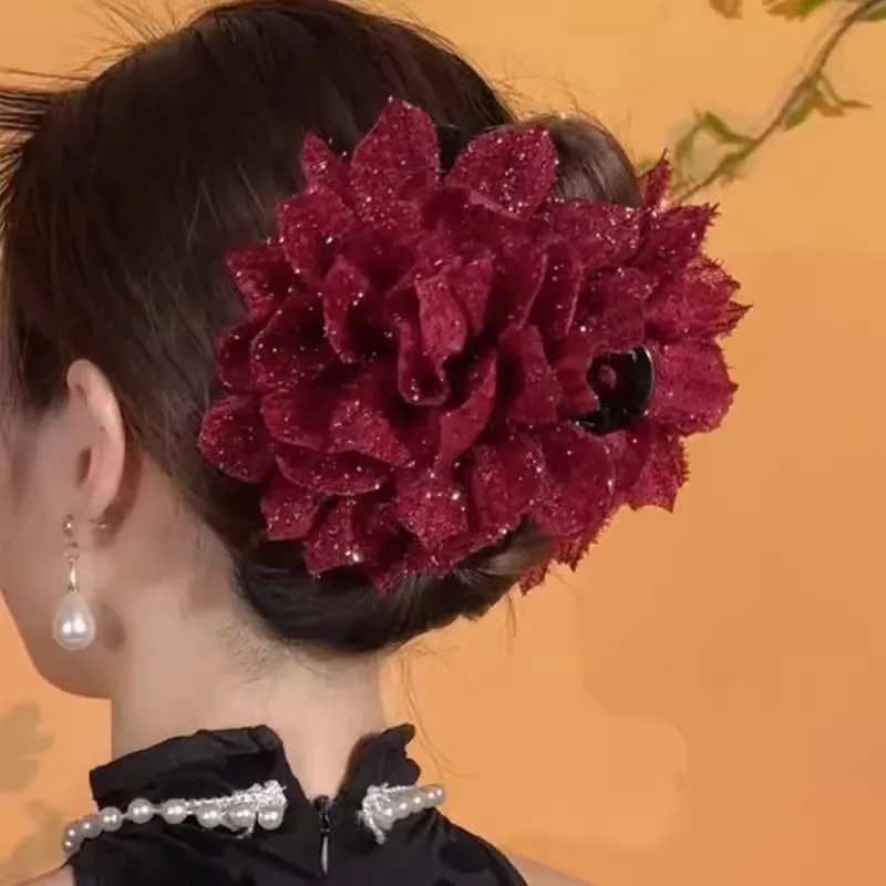 Estilo coreano preto malha meninas flor grampo de cabelo feminino tubarão rabo de cavalo clipe cocar temperamento flor garra de cabelo novo headwear