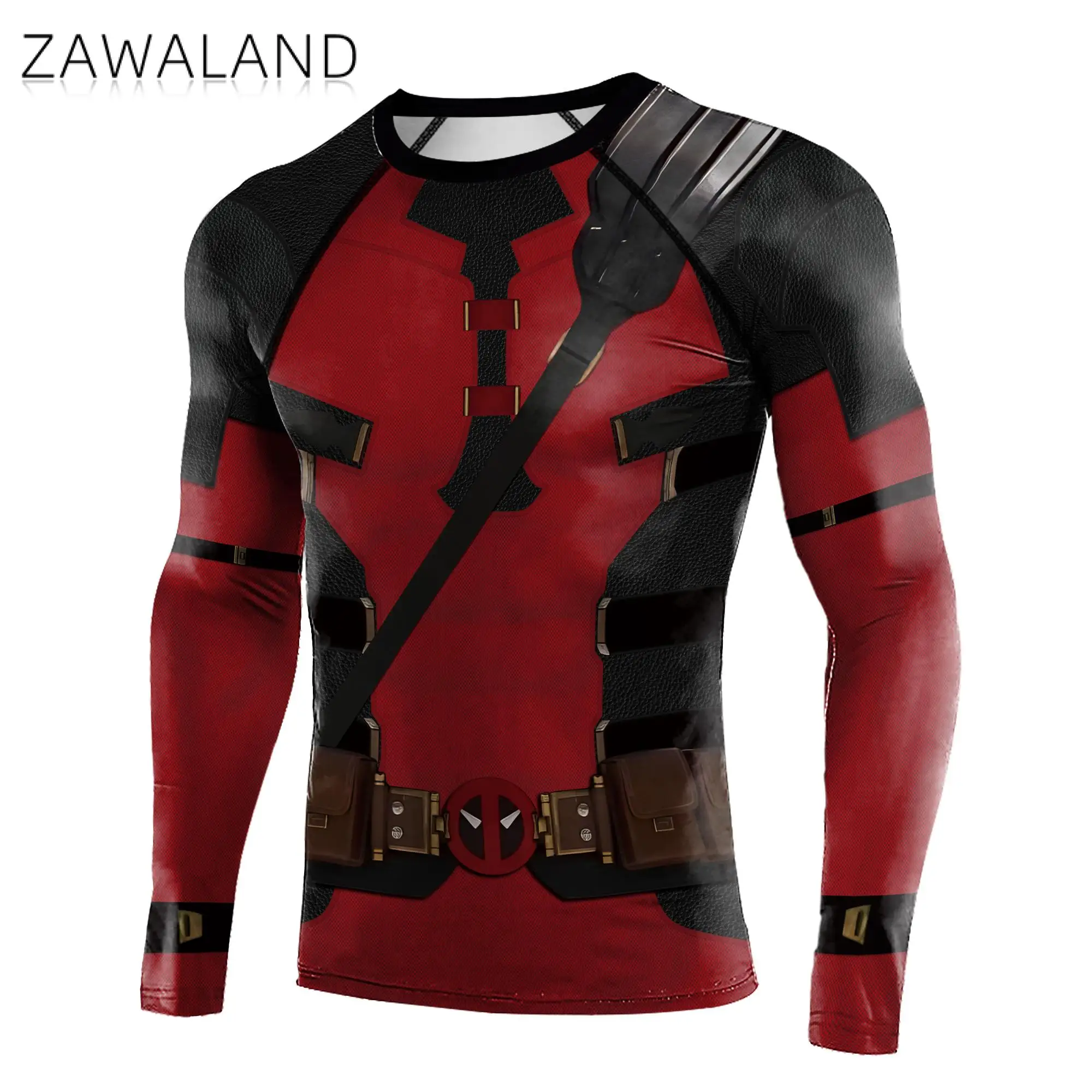 Zawaland เสื้อคอสเพลย์ซูเปอร์ฮีโร่แขนยาวสำหรับผู้ชาย, เสื้อฟิตเนสวิ่งพิมพ์ลายกล้ามเนื้อ zentai