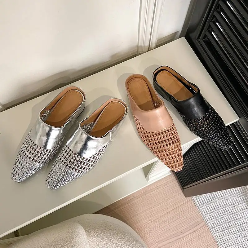 Krazing Pot Mules Cow Skin Weaving Style Silver Color Vintage Square Toe Low Heels Spring Autumn Shoes Slip On Chic Women Pumps