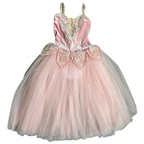 Imagen 2 del producto Vestido de Ballet largo rosa para niñas, tutú romántico profesional, trajes de actuación de danza del cisne, vestido de bailarina superior de terciopelo para niños y mujeres
