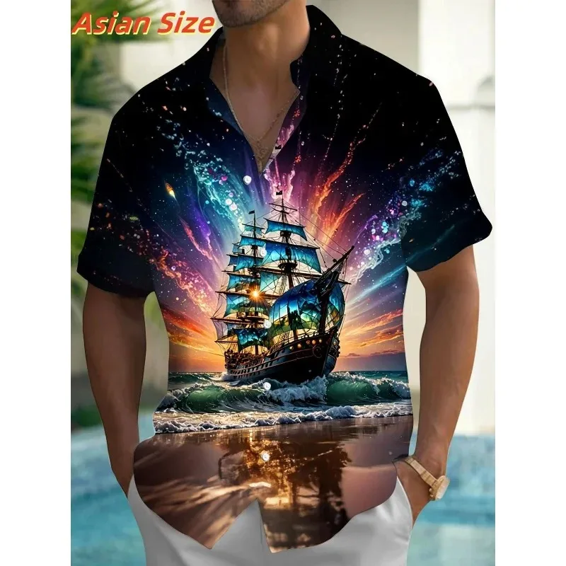 

3D Printed Hawaiian Shirts Fashion Short Sleeve Tops Button Blouse Dreamy Ship Train Pattern Lapel Shirt for Men Sheep Coconut