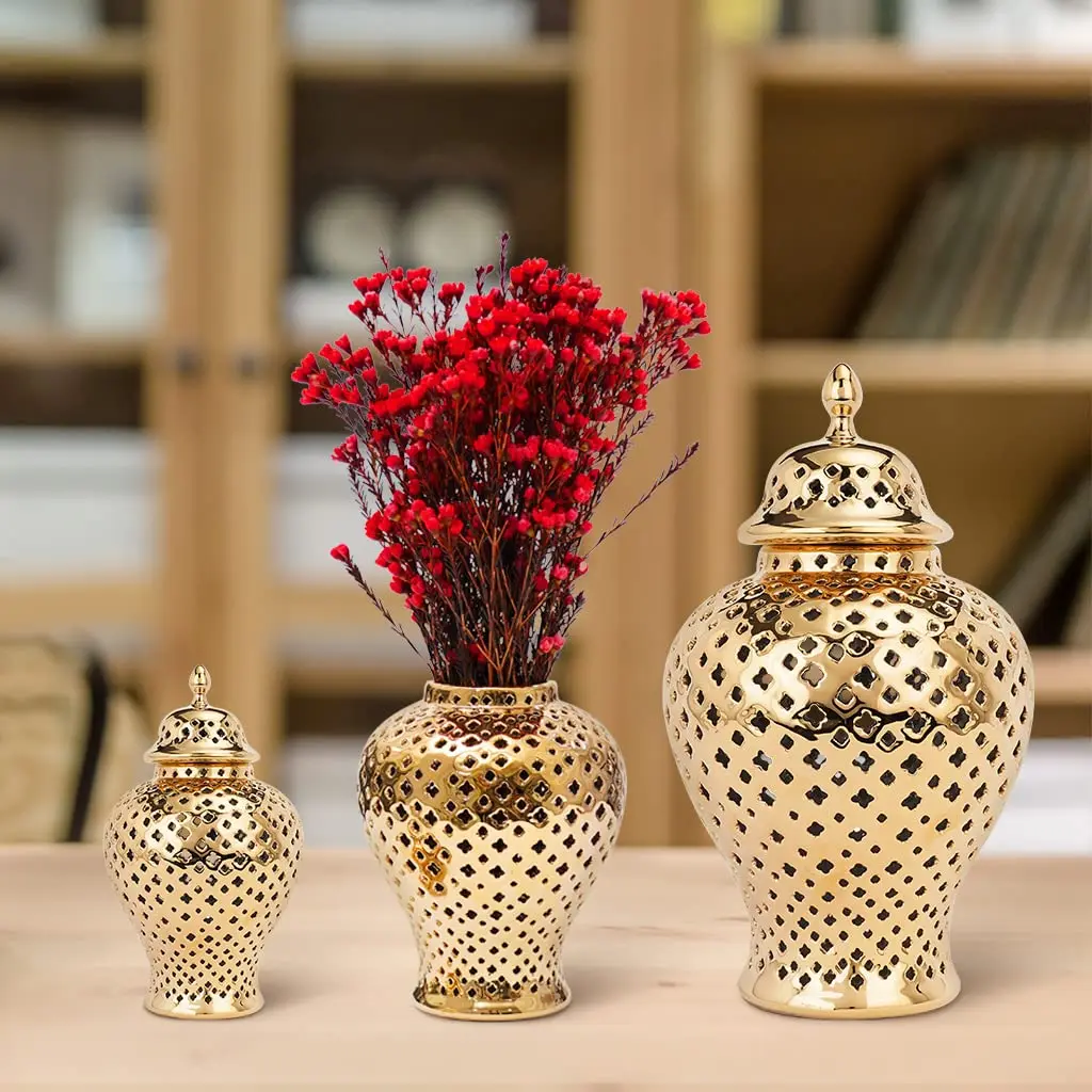 

Pierced Gold Ceramic Ginger Jar with Lid Hollow Out Storage Bud Vase Carved Lattice Temple for Home Decorative