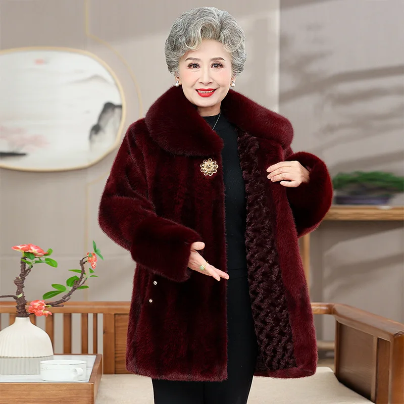 New Women Winter Coat Middle-aged Elderly Women Imitation Mink Velvet Thicken Cotton Clothes Elegant Female Outerwear Overcoat