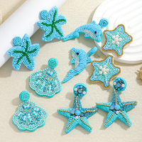 Bohemia Handmade Starfish Shell Dangle Earrings For Women Blue Color Rice Beads Sea Animal Jewelry Summer Vacation Creative Gift