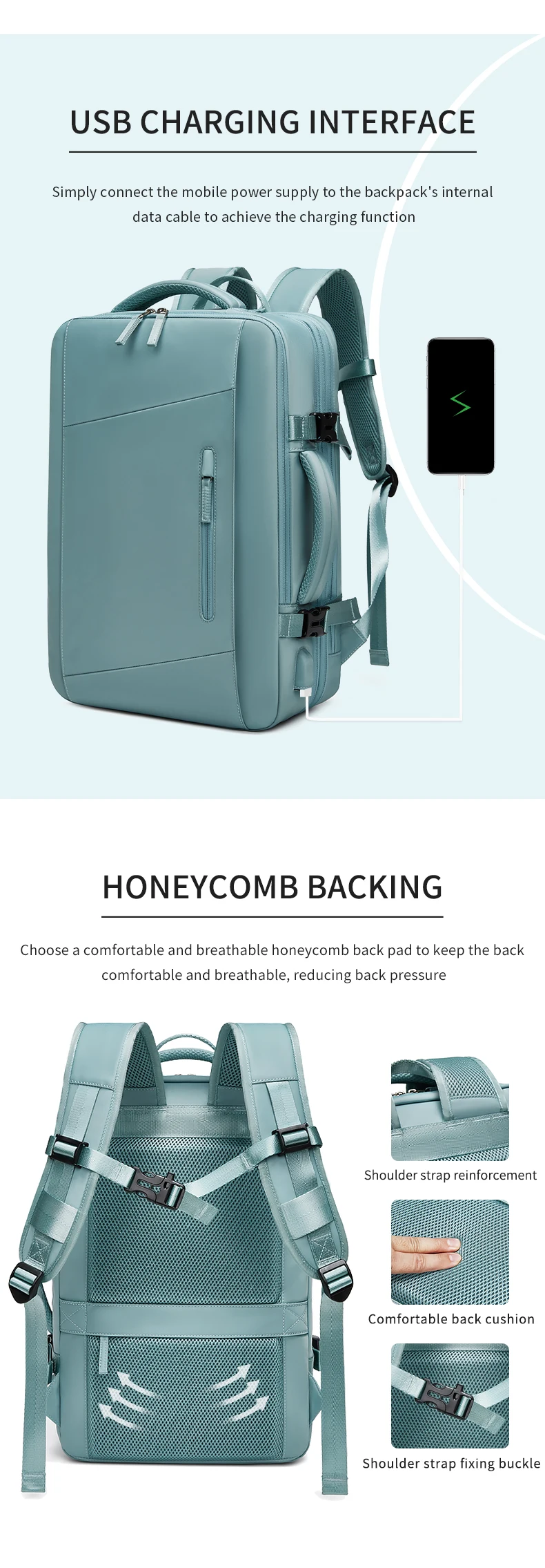 Reiserucksack für Männer, erweiterbar auf 39L, Wander- und Business-Laptop-Rucksack für Frauen, USB-Ladefunktion, 17 Zoll, wasserdichter Schulrucksack – Detail 7