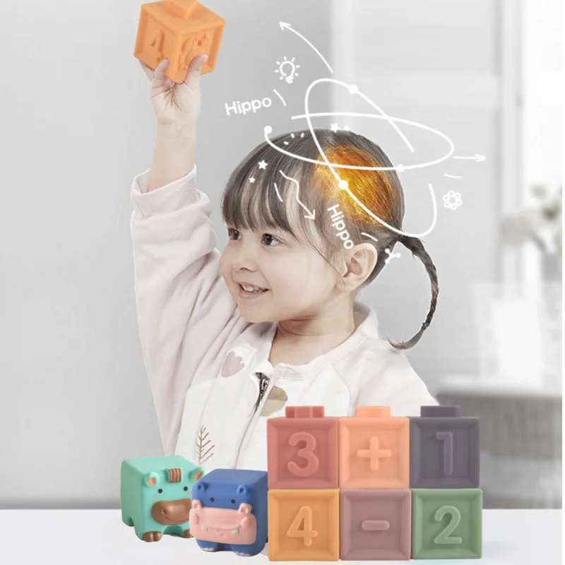 6/12Pcs Silicone Building Blocks Sensory Grasp Toys 3D Soft Touch Ball Rubber Stacking Cube Kids Bath Baby Toy 12 Months Gift