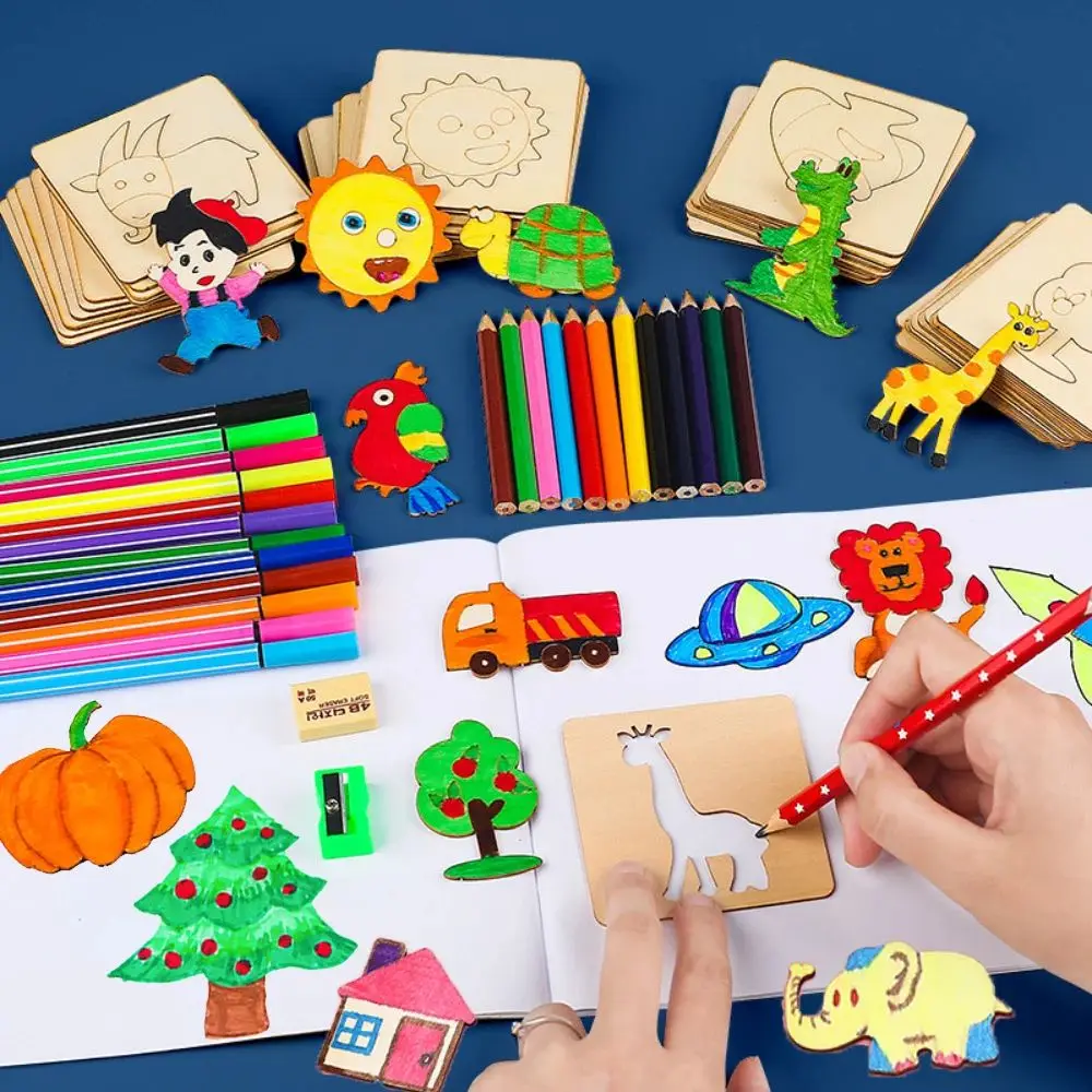 20pcs Montessori Kids Drawing Toys Wooden DIY Painting Stencils Template Craft Toys Puzzle Educational Toys for kids Gifts