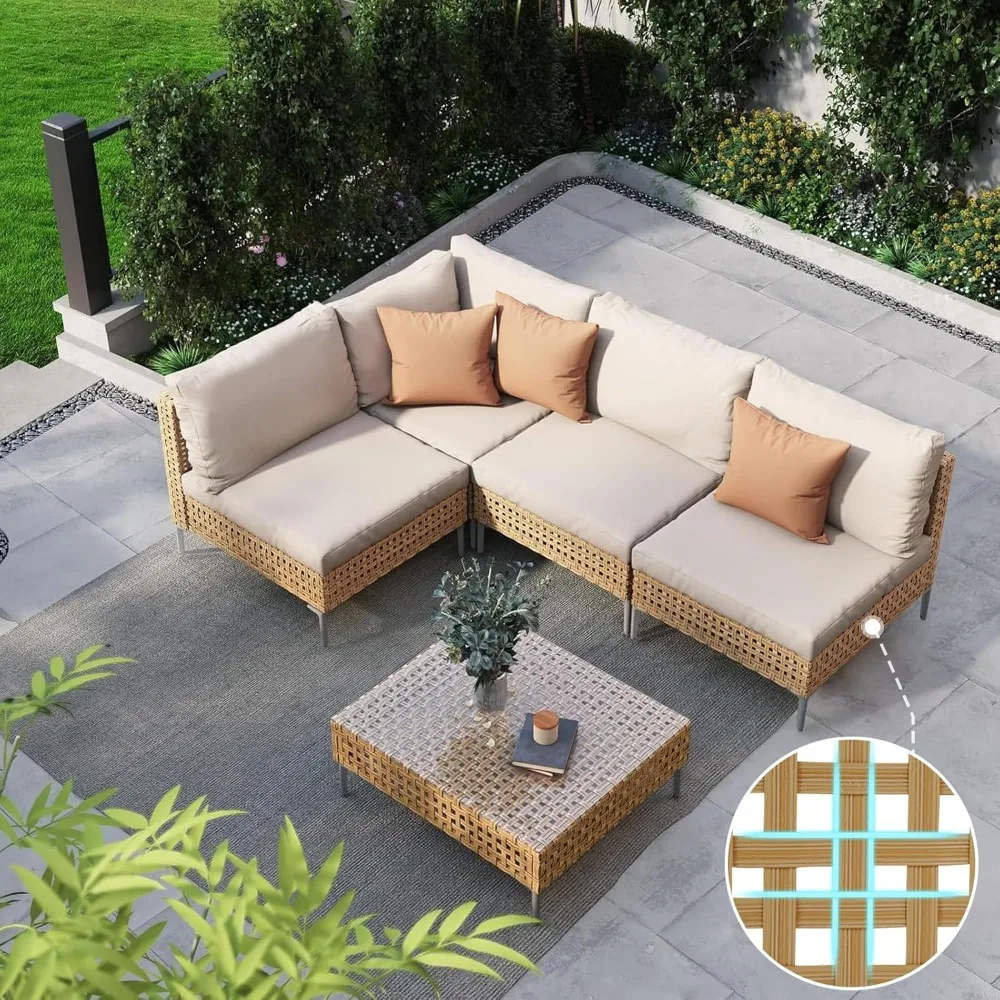 patio 5-Piece Wicker Patio Furniture Set, Boho Outdoor Sectional Sofa with Water Resistant Thick Cushions Coffee Table