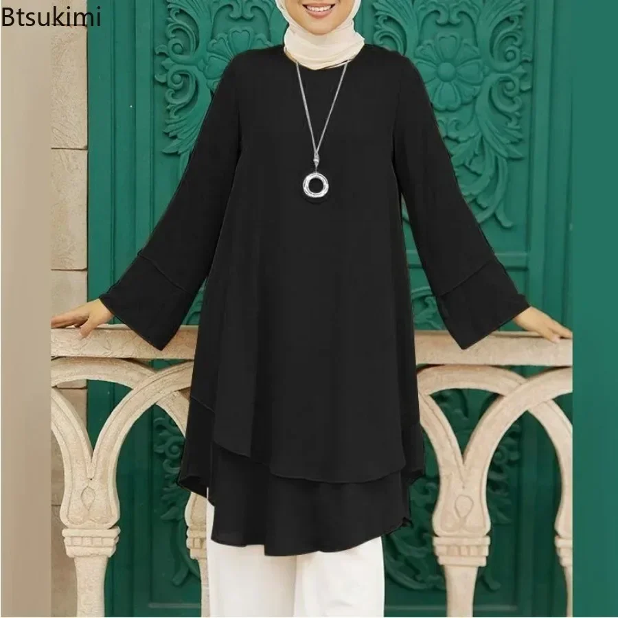 Neue Frauen Muslimischen Bluse Mode Zwei-schicht Design Elegante Weibliche Urlaub Partei Solide Hemd Tops Türkei Lange Robe Abaya hijab 2025