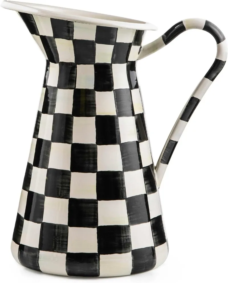 

MACKENZIE-CHILDS Practical Enamel Pitcher with Spout for Water, Flowers, and More, Large, Black-and-White Courtly Check