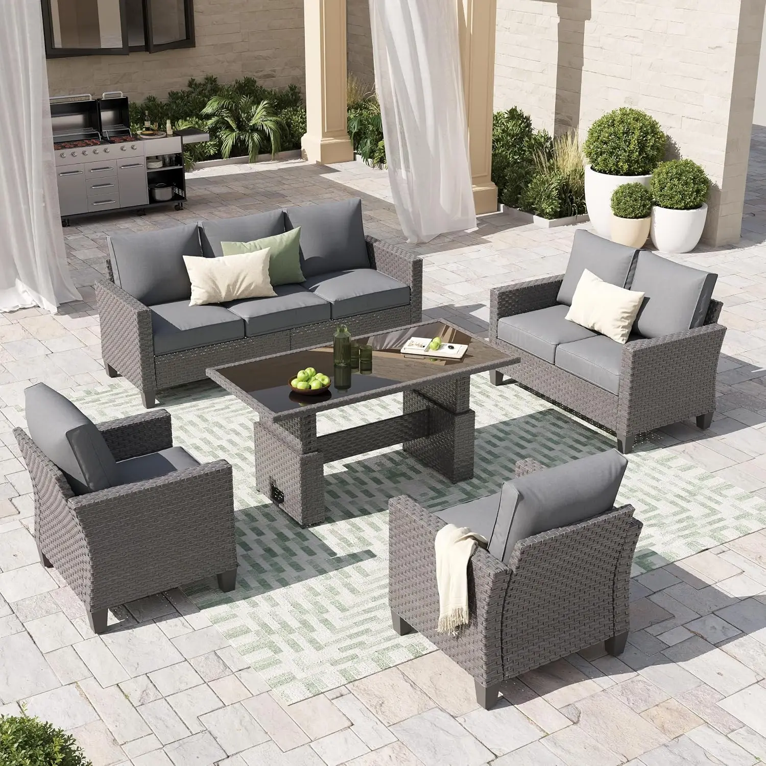 Outdoor Patio Wicker Sofa Set 5-Piece Sectional with Lift Coffee Table 3-Seat & Loveseat Grey Cushion, Customized