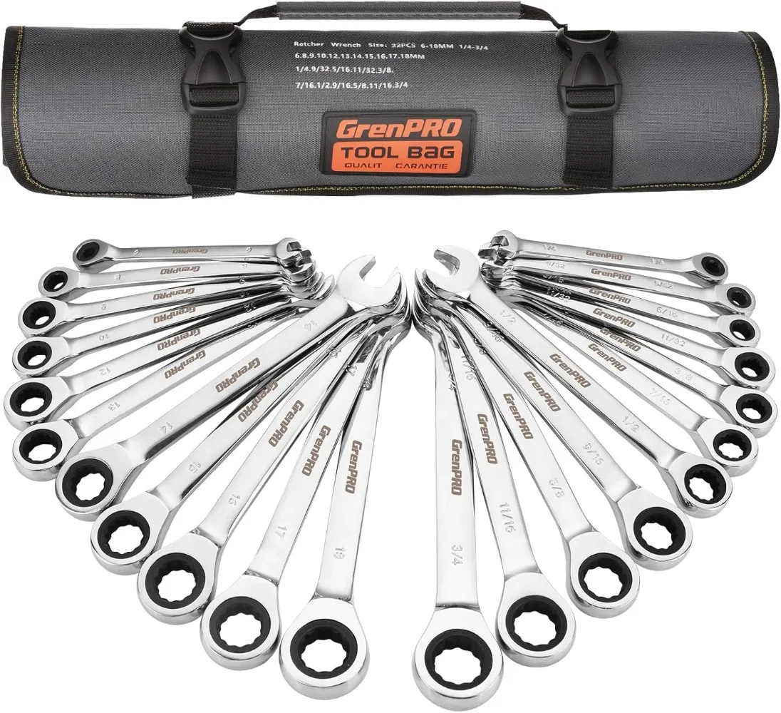 Ratcheting Wrench Set,72 Tooth Long Open End Ratchet, SAE & Metric, 22-piece, 1/4