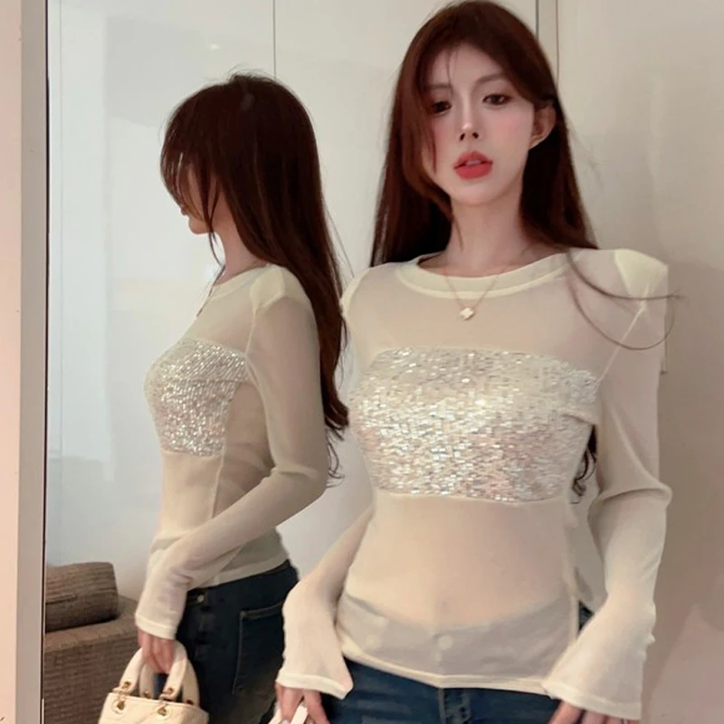 Hot Girls Sequin Patchwork T-shirt Women's Mesh Thin Round Neck Long Sleeve Slit T-shirt