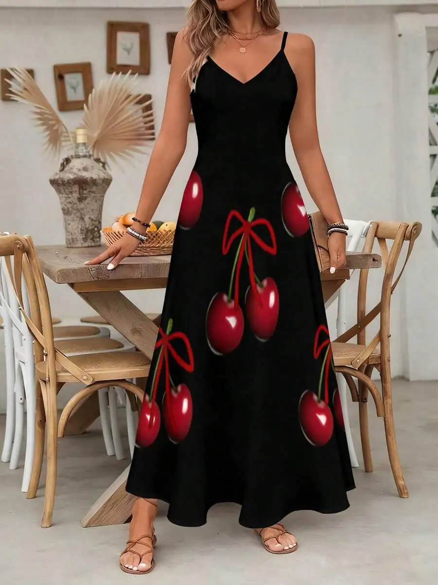 

Cherry Print V-Neck Backless Long Slip Dress Casual Sexy Summer Knitted Fabric
