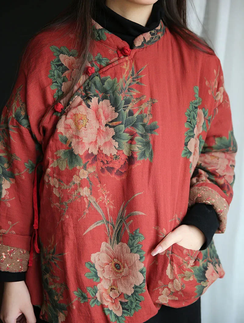 빈티지 코튼 프린트 느슨한 편안한 짧은 얇은 퀼트 자켓 여성 사이드 오픈 디스크 버클 캐주얼 소프트 중국어 Hanfu