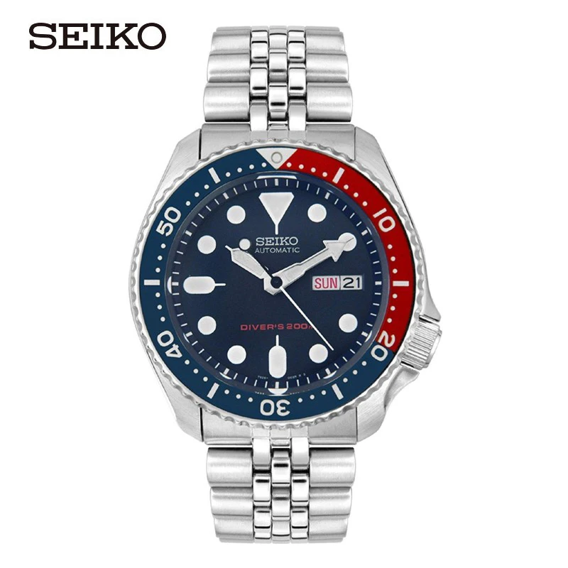 Seiko-Men\'s Luxury自動機械式ダイビングウォッチ、ステンレス鋼、防水カレンダー、乗馬用リング、発光時計、skx009k2