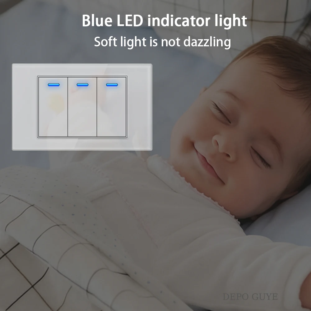 US Wall Light Switch Power Socket With LED Indicator,Universal White Tempered Glass Plug Outlet,Thai USB Type-c Quick Charger