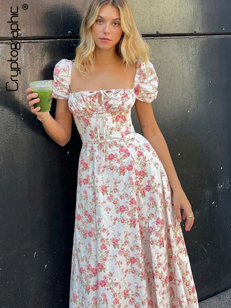 

Cryptographi Cottagecore Elegant Floral Puff Sleeve Midi Dress for Women Summer Fairycore Grunge Slit Dress Clothes Prairie Chic