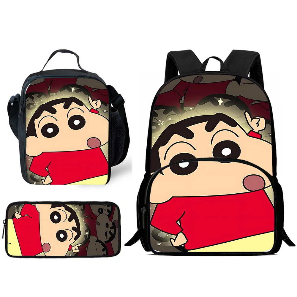 Crayons Shinchans Anime Mochilas para criança, estojo de lápis, sacos escolares de grande capacidade para meninos e meninas, lancheira, melhor presente, conjunto 3pcs