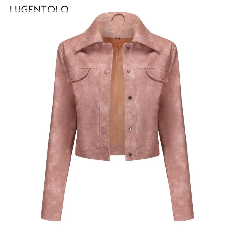 Women PU Jacket Fall 2024 Retro Thin Faux Leather Cropped Coat Multi-Pocket Single Breasted Cardigan Tops Fashion Street Wear