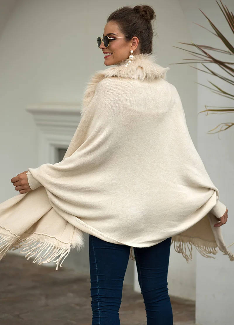 Women Winter Thick Faux Fur Mantle Big Collar Loose Printed Poncho Pendulum Capes Streetwear Tassel Long Cloak Pocket Overcoat