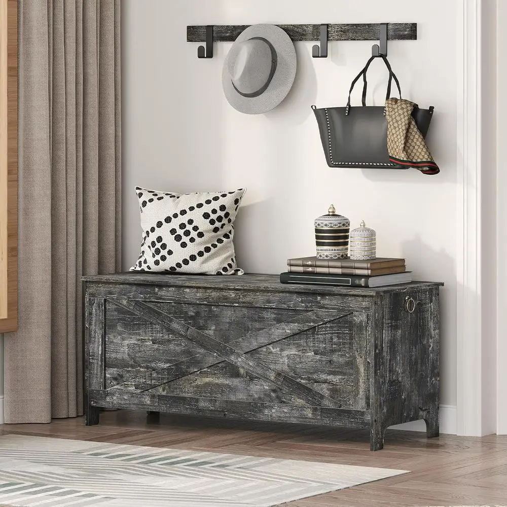 صندوق تخزين على الطراز الخشبي باللون الرمادي العتيق، صندوق ألعاب متين للمدخل مع مفصلات أمان، أثاث غرفة المعيشة وغرفة النوم، 47