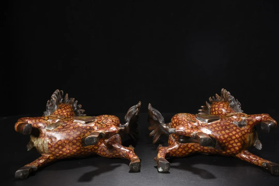 

13"Tibetan Temple Collection Old Bronze Cloisonne Enamel Kirin Statue Gate God door-god A Pair Gather fortune Town house