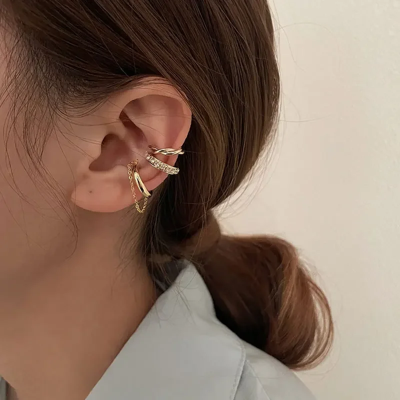 Set de 3 pendientes de cadena para mujer, a la moda, con diamantes de imitación, tipo clip, sin perforación, para cartílago, hélice y lóbulo, lote de joyería