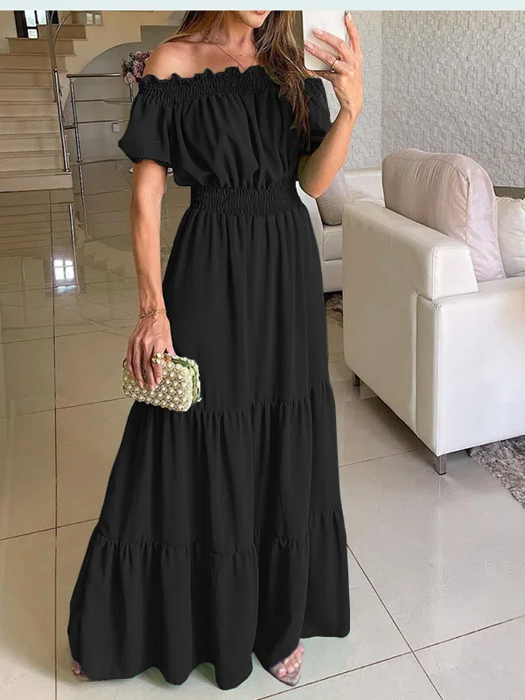 Summer Solid Boho Dress Women Fashion Elegant Beach Party Dress Casual Slash Neck Office Maxi Dresses For Woman Robe Femme