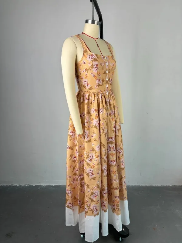 

Fashion Square Neck Pleated Suspender Dress Women Elegant Floral Print Waist Slim Long Dress Casual Sleeveless Bohe Party Dress