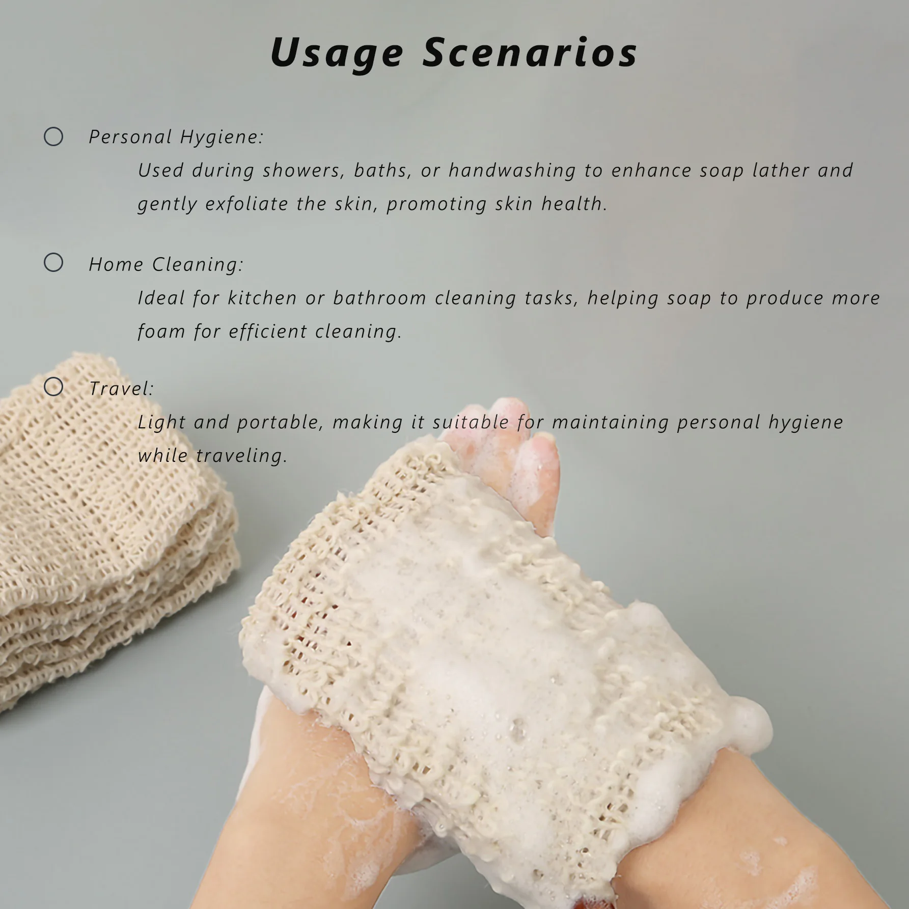 حقيبة حفظ الصابون من القطن والكتان الطبيعي، قطعتان من الرغوة الغنية برباط خشبي لتقشير الصابون للتنظيف اللطيف