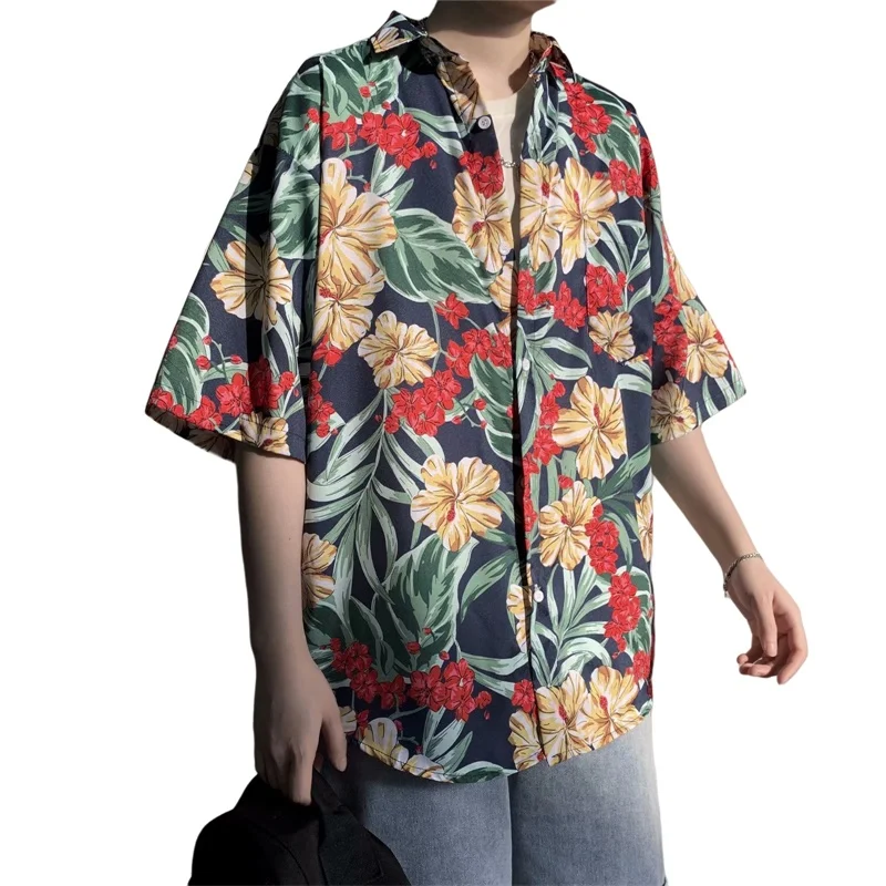 Baju musim panas lengan pendek pria, pakaian musim panas kasual Retro motif bunga Hawaii, baju pantai Sunshine Streetwear ukuran besar