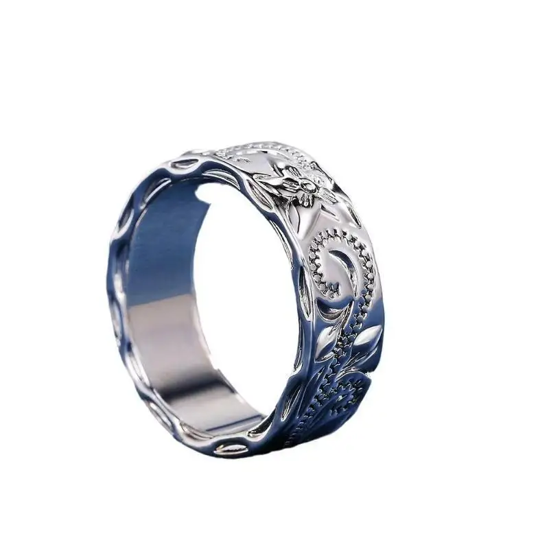 Vintage Flower Engraved Alloy Antique Silver Ring for Women Adjustable Thin Band Minimalist Jewelry Daily Wear Birthday Gift