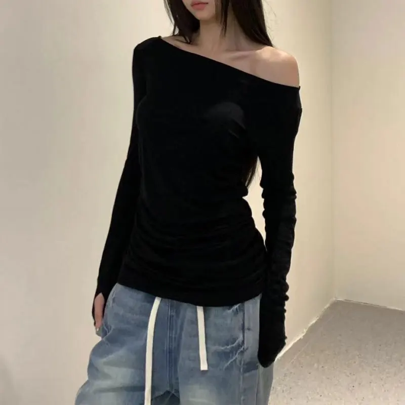 Women Off Shoulder Long Sleeve T-shirts Side Ruched Top Autumn Skew Collar Slim Thumb Hole Irregular Casual Soft Basic Pullovers