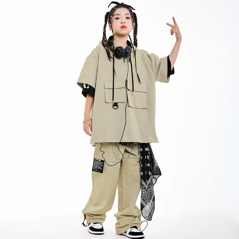 Khaki Children's Hip Hop Dance Costumes For Kids Loose Kpop Outfits Girls Boys Group Jazz Performance Stage Clothes Wear DN20408